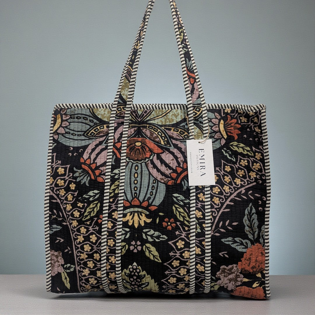 Black & Multicolour Hand Block Printed Cotton Tote Bag