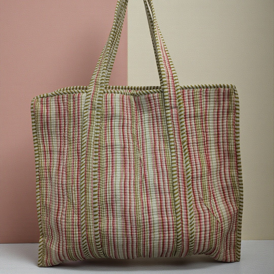 Pink & Green Striped Hand Block Printed Cotton Tote Bag
