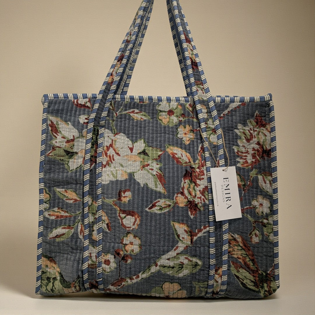 Velvet Grey Blue Hand Block Printed Cotton Tote Bag