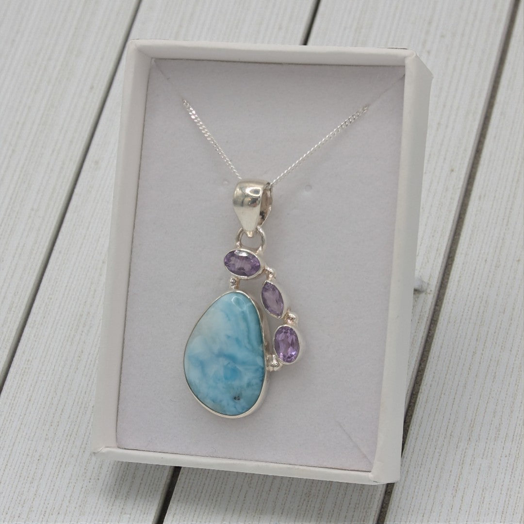 Sterling Silver Larimar With Amethyst Teardrop Necklace
