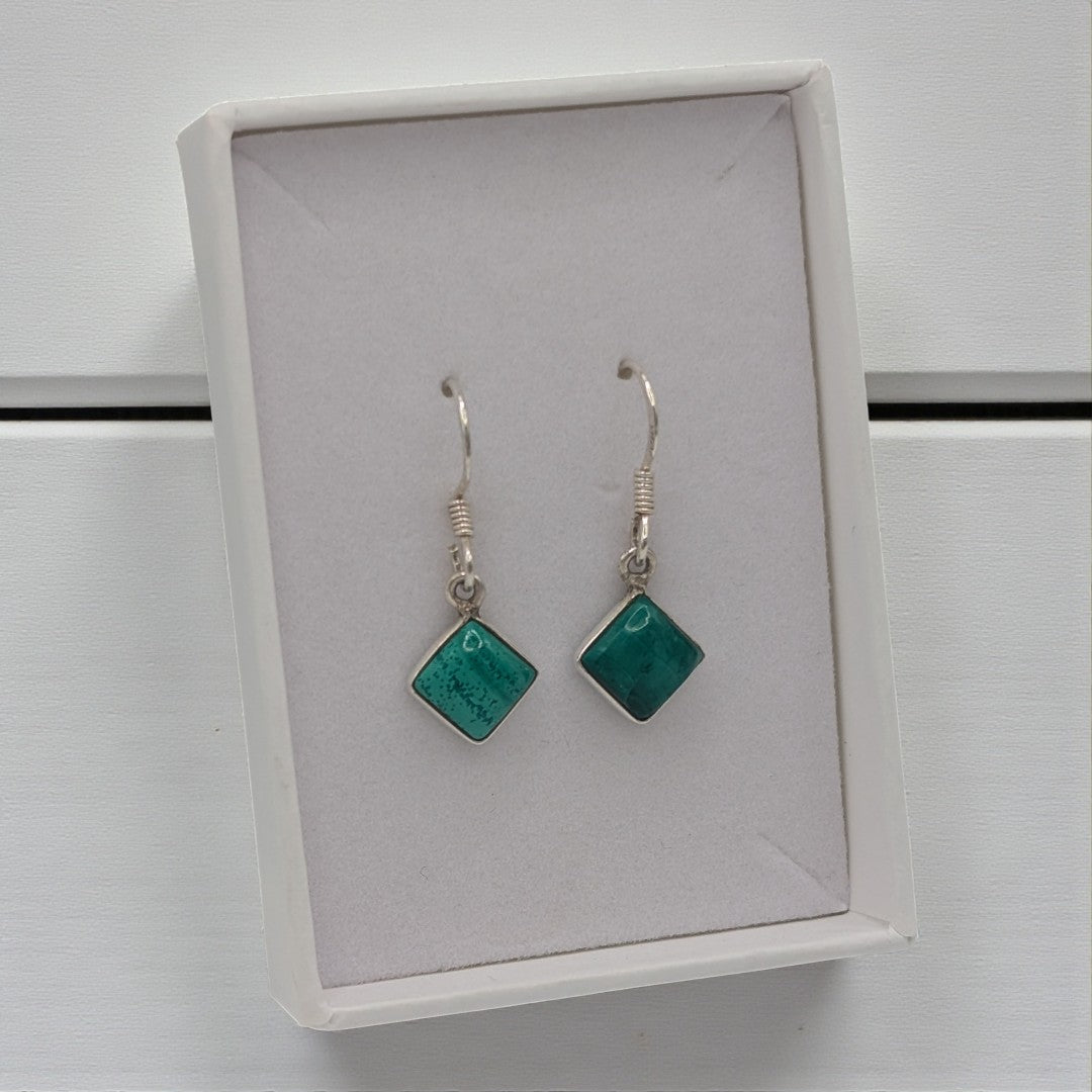 Sterling Silver Malachite Diamond Shape Drop Earrings 1.1"