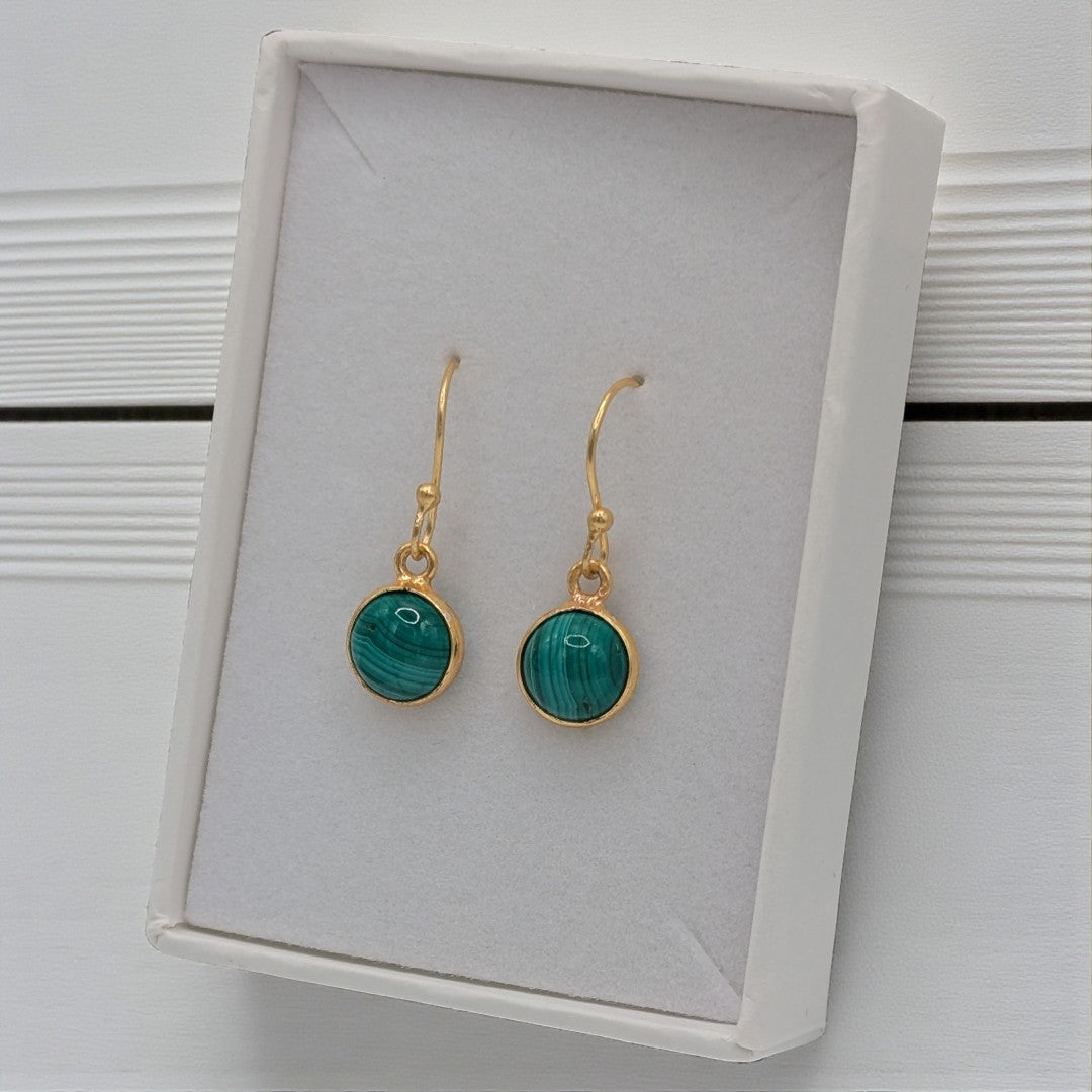 Gold Plated Sterling Silver Emira Malachite Round Stone Drop Earrings 1.1"