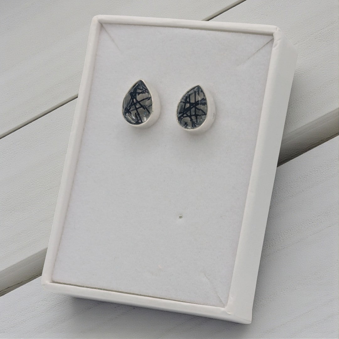 Sterling Silver Emira Black Rutilated Quartz Teardrop Stud Earrings 0.4"