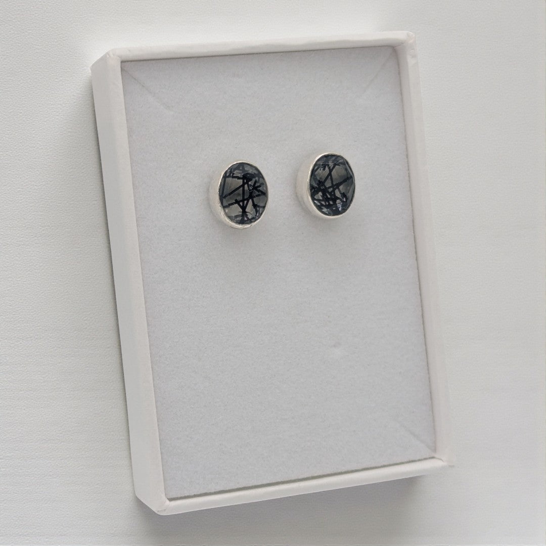 Sterling Silver Emira Black Rutilated Quartz Oval Stud Earrings 0.4"