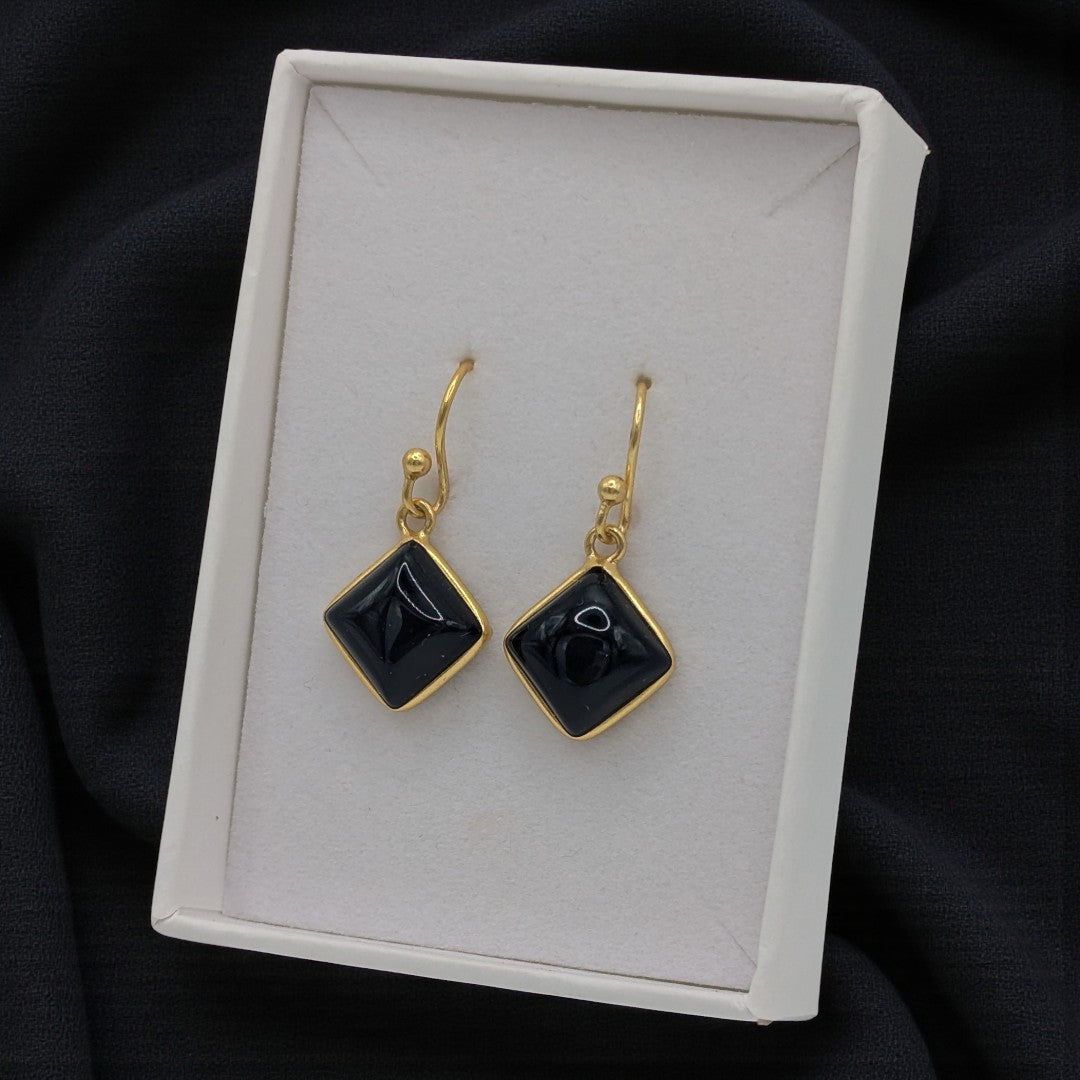 Gold Plated Sterling Silver Emira Diamond Shape Black Onyx Drop Earrings 1.2"