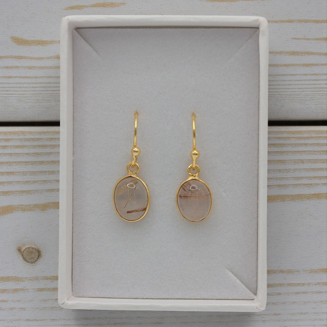 Gold Plated Sterling Silver Emira Golden Rutilated Quartz Oval Drop Earrings 1.1"