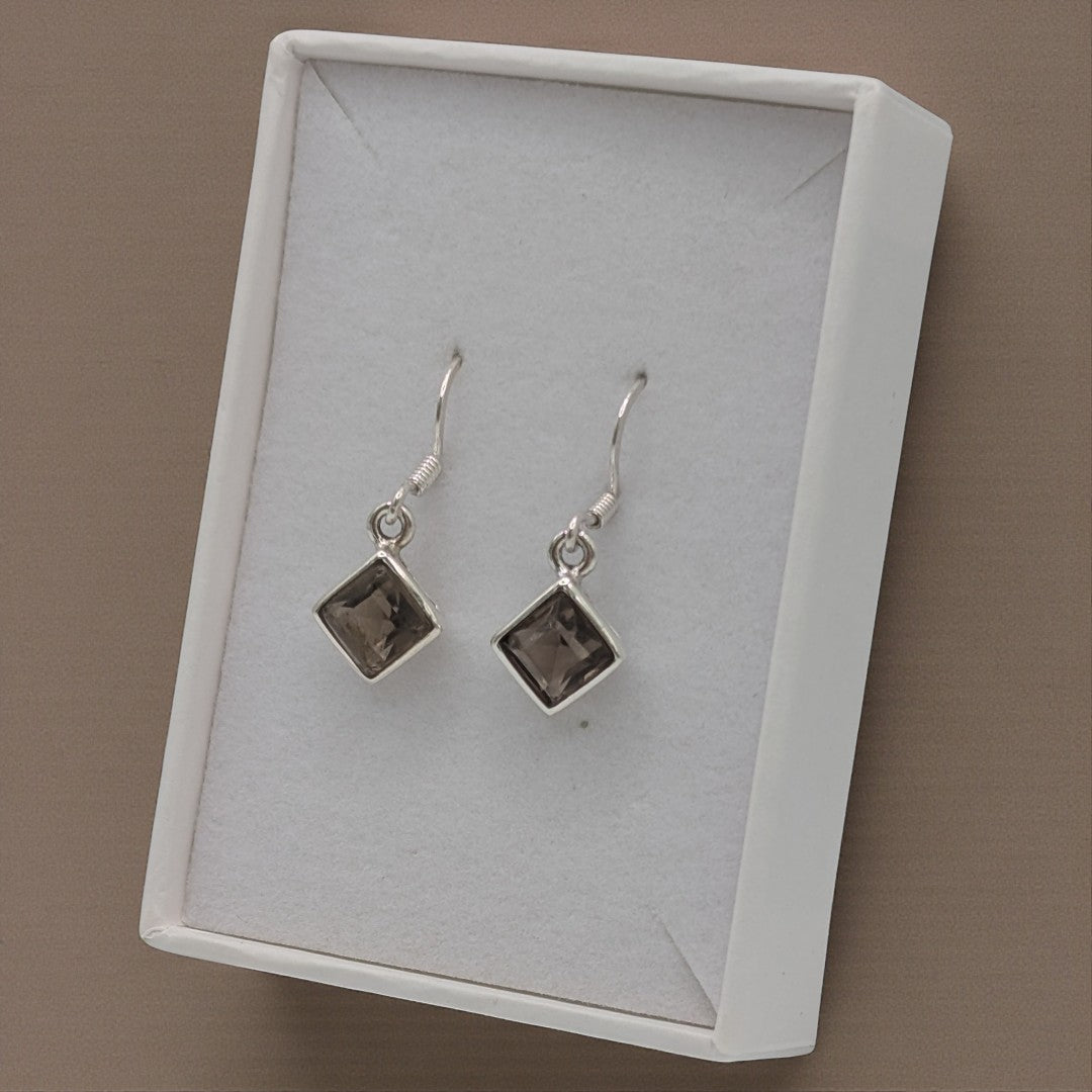 Sterling Silver Emira Smoky Quartz Diamond Shape Drop Earrings 1.1"