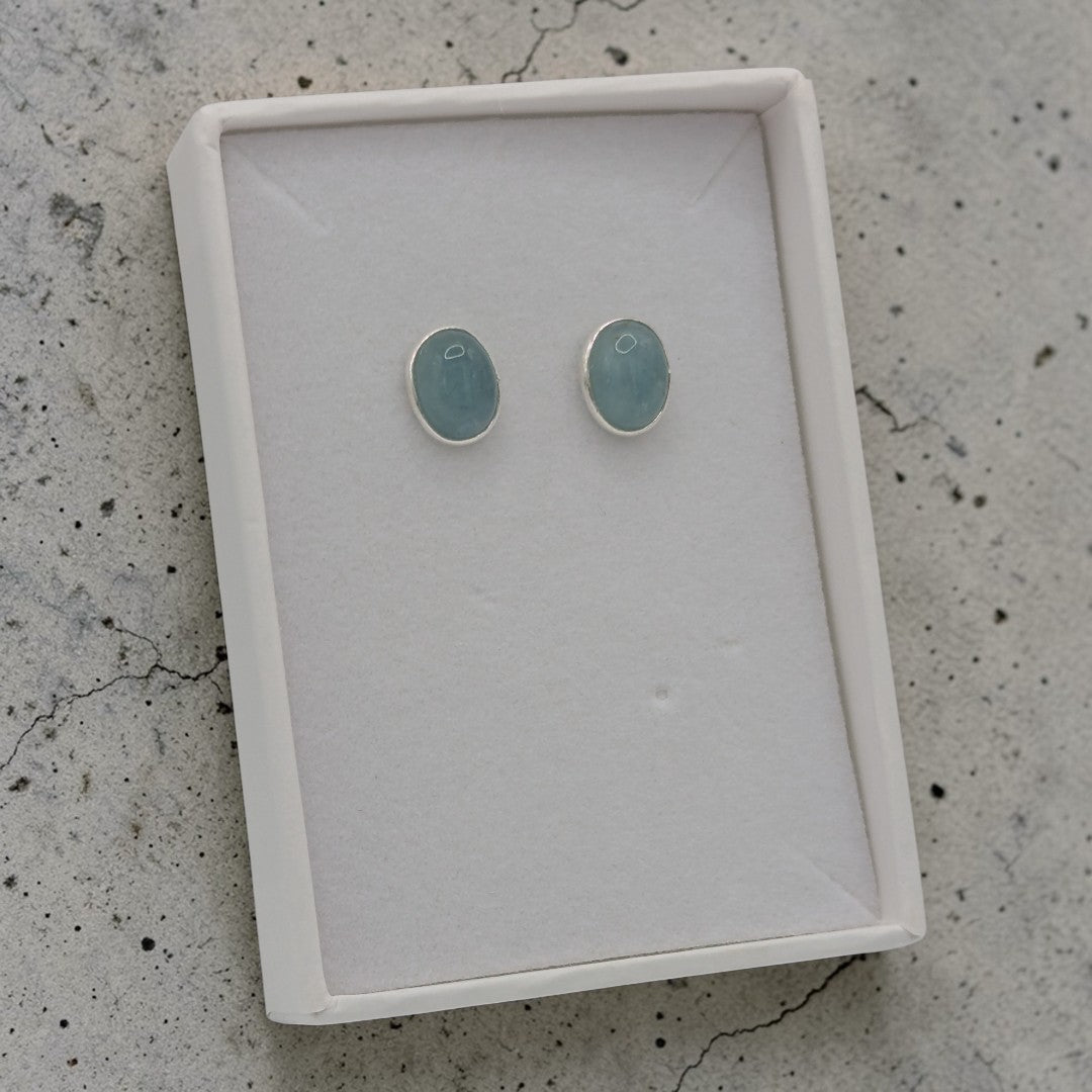 Sterling Silver Emira Aquamarine Oval Stud Earrings 0.4"