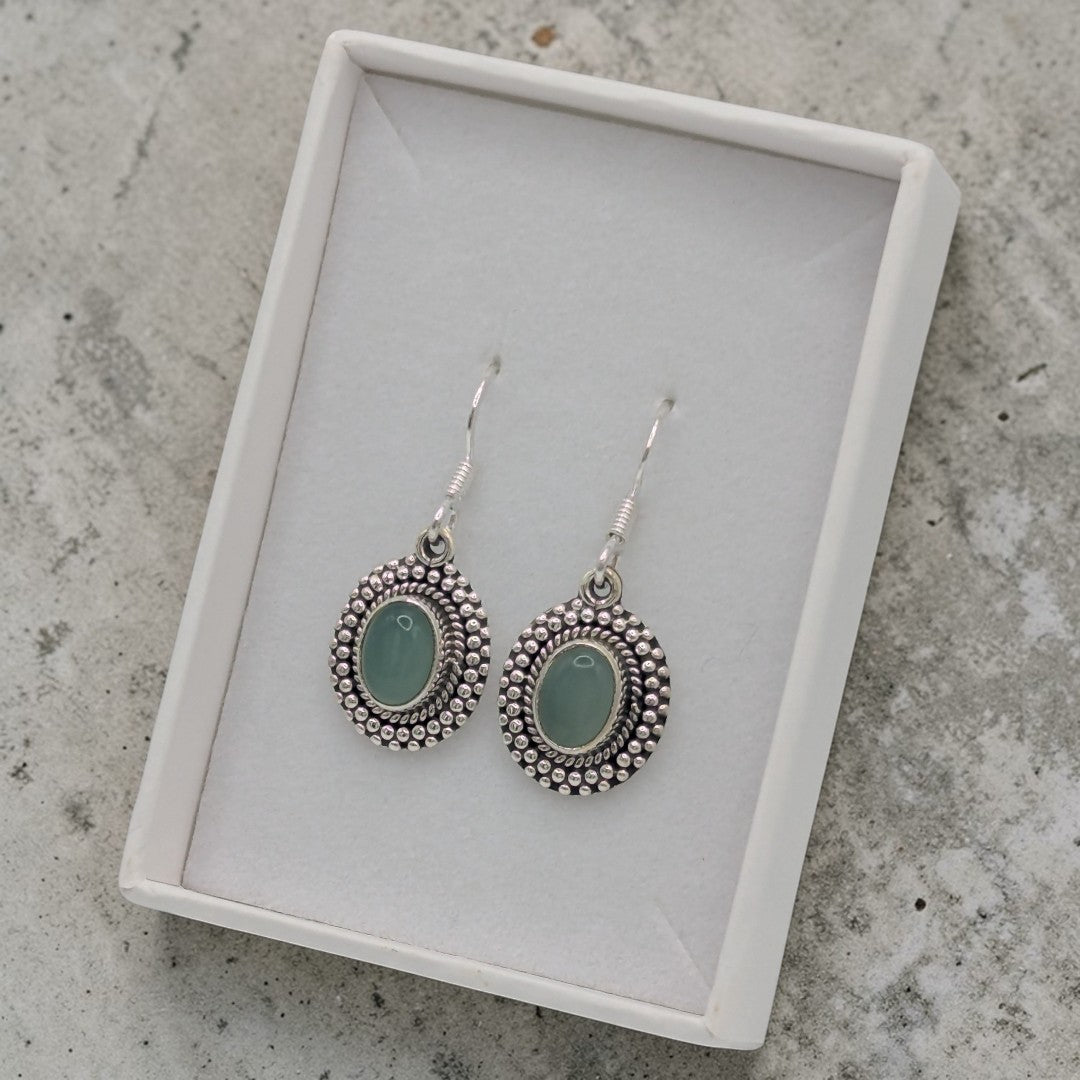 Sterling Silver Emira Ornate Aquamarine Oval Drop Earrings 1.3"