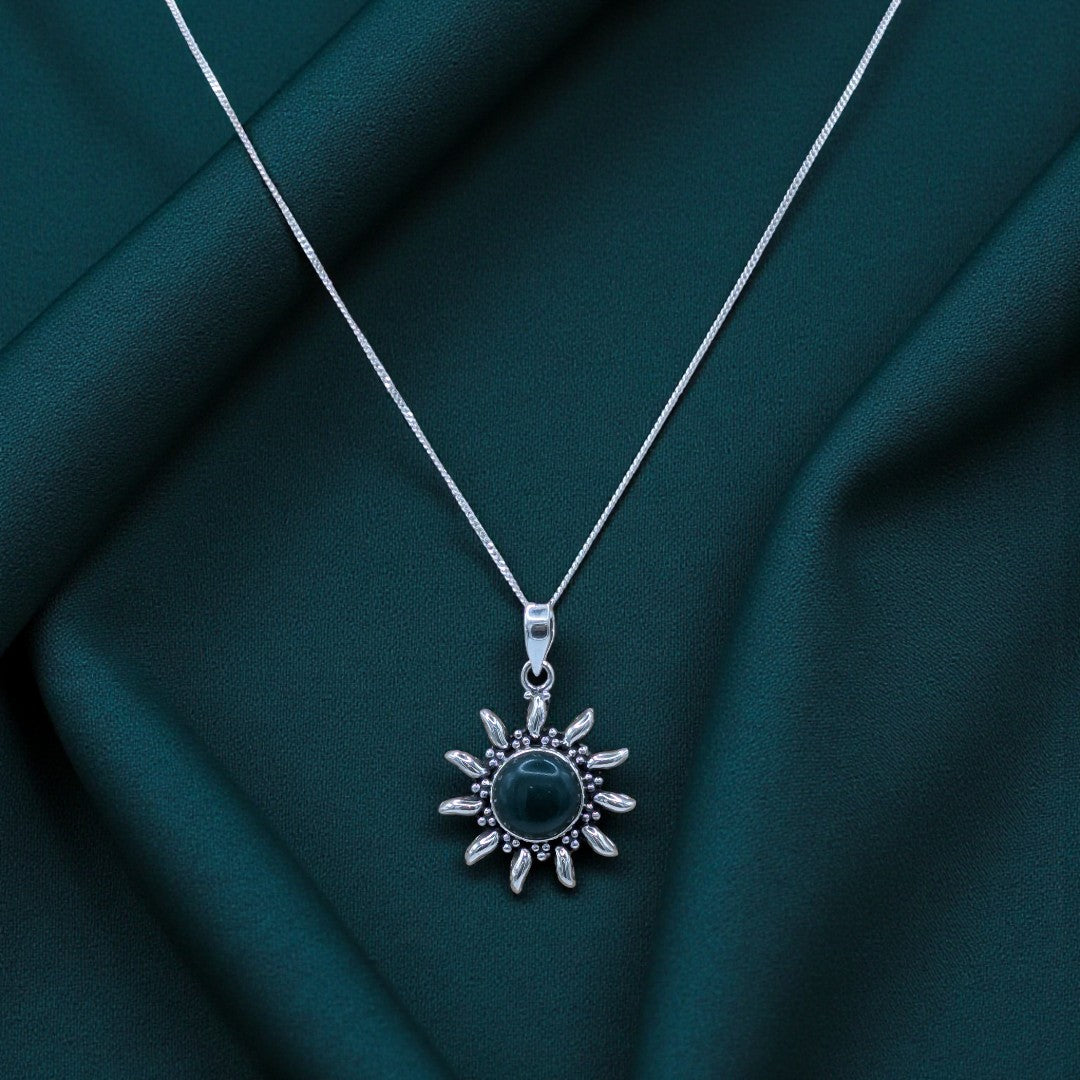 Sterling Silver Emira Green Onyx Celestial Sun Necklace