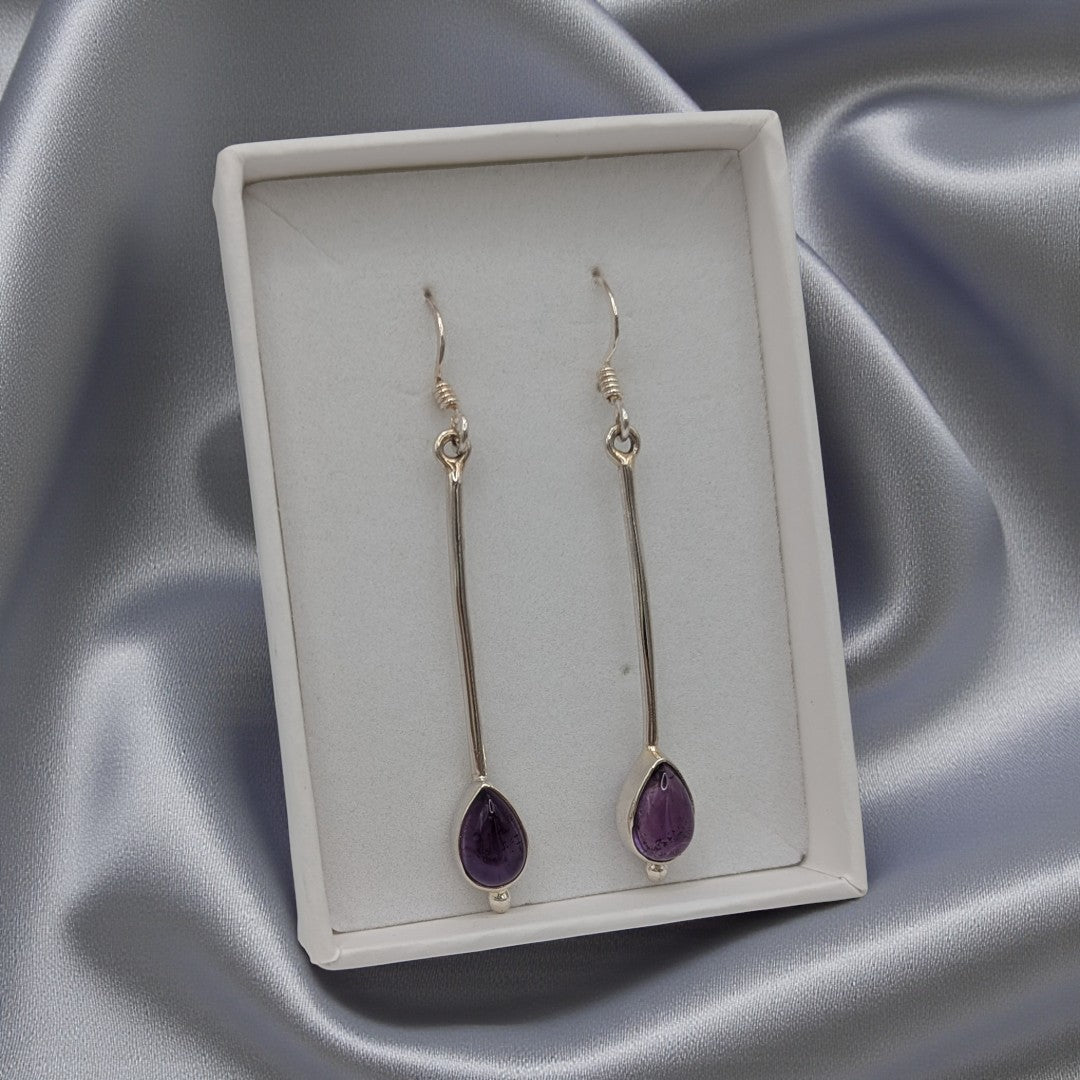 Sterling Silver Emira Amethyst Straight Drop Earrings With Teardrop Stone 2"