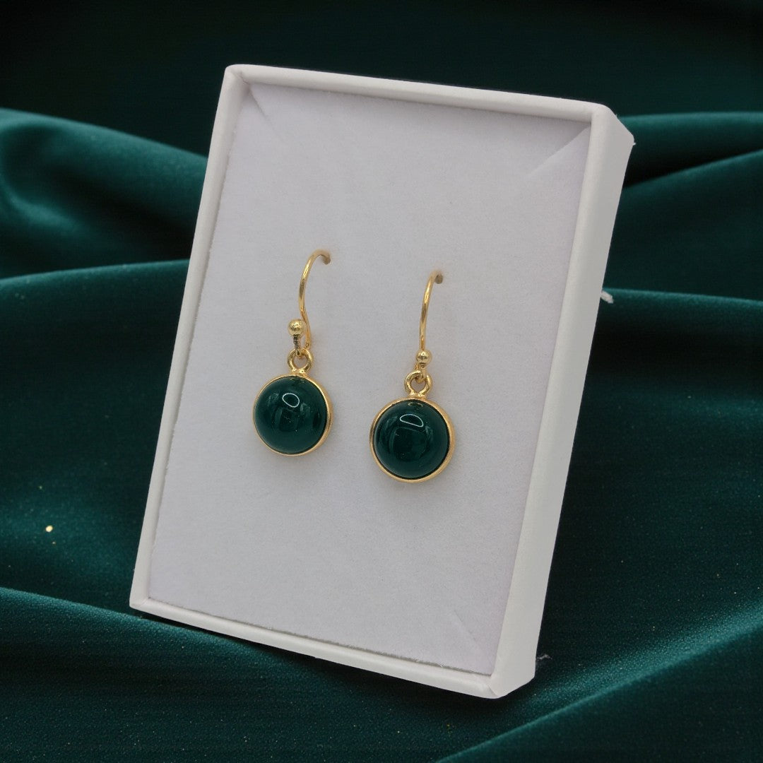 Emira Gold Plated Sterling Silver Green Onyx Round Stone Drop Earrings