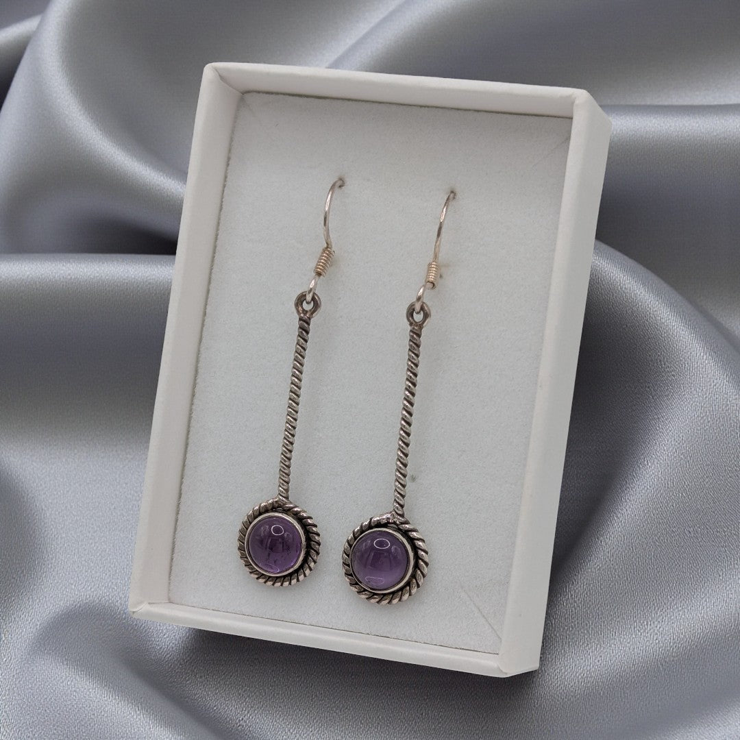 Sterling Silver Emira Amethyst Twist Effect Straight Drop Earrings With Round Stone 2"