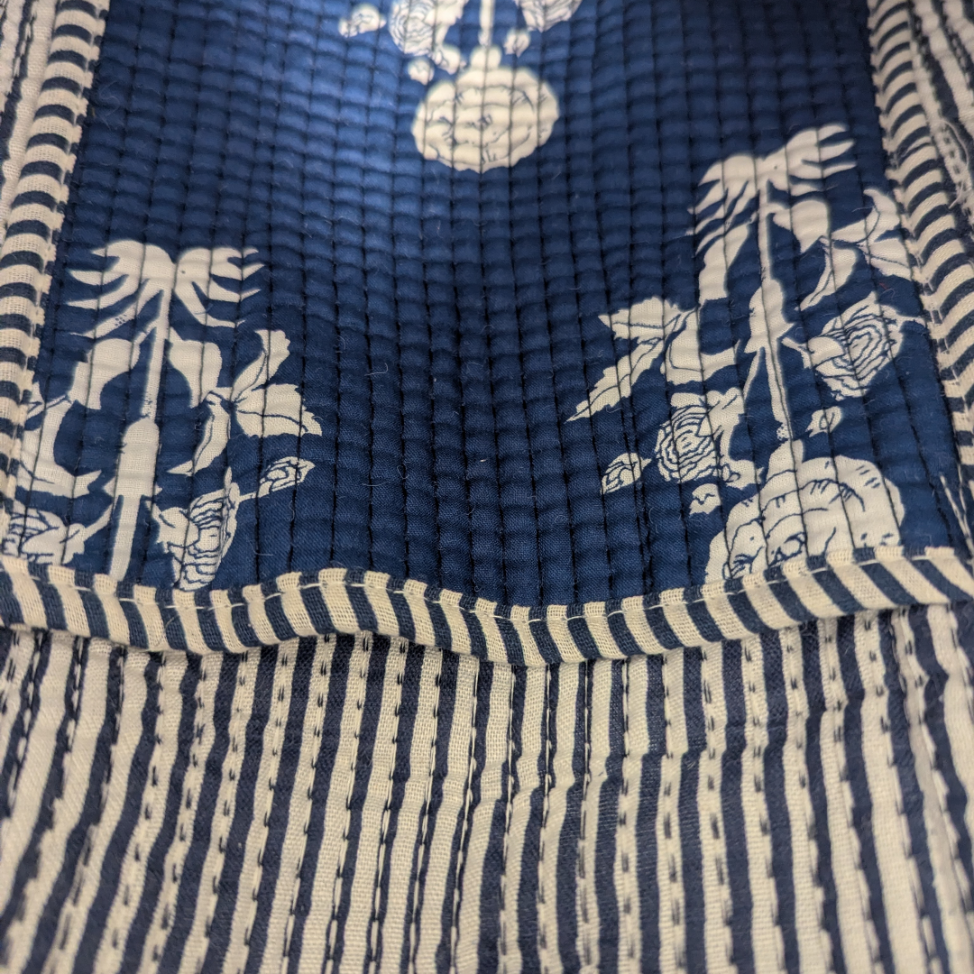 Navy & White Flowers Hand Block Printed Cotton Tote Bag