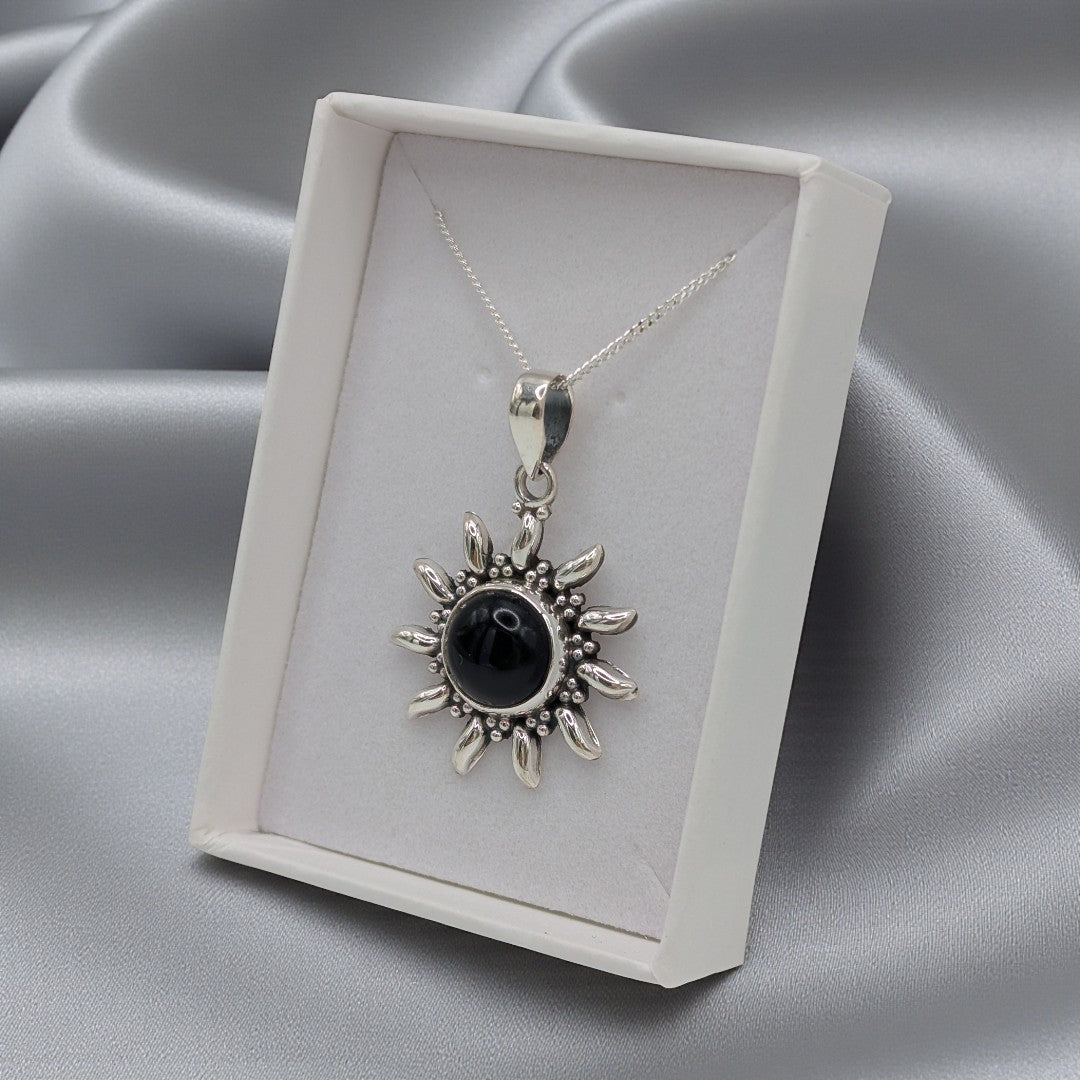 Sterling Silver Emira Black Onyx Celestial Sun Necklace