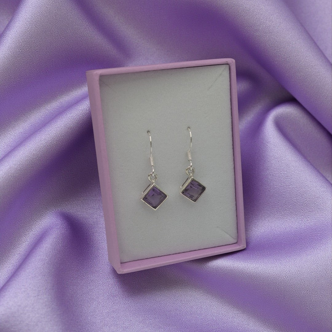 Sterling Silver Sparkling Amethyst Diamond Shape Drop Earrings 1.1"