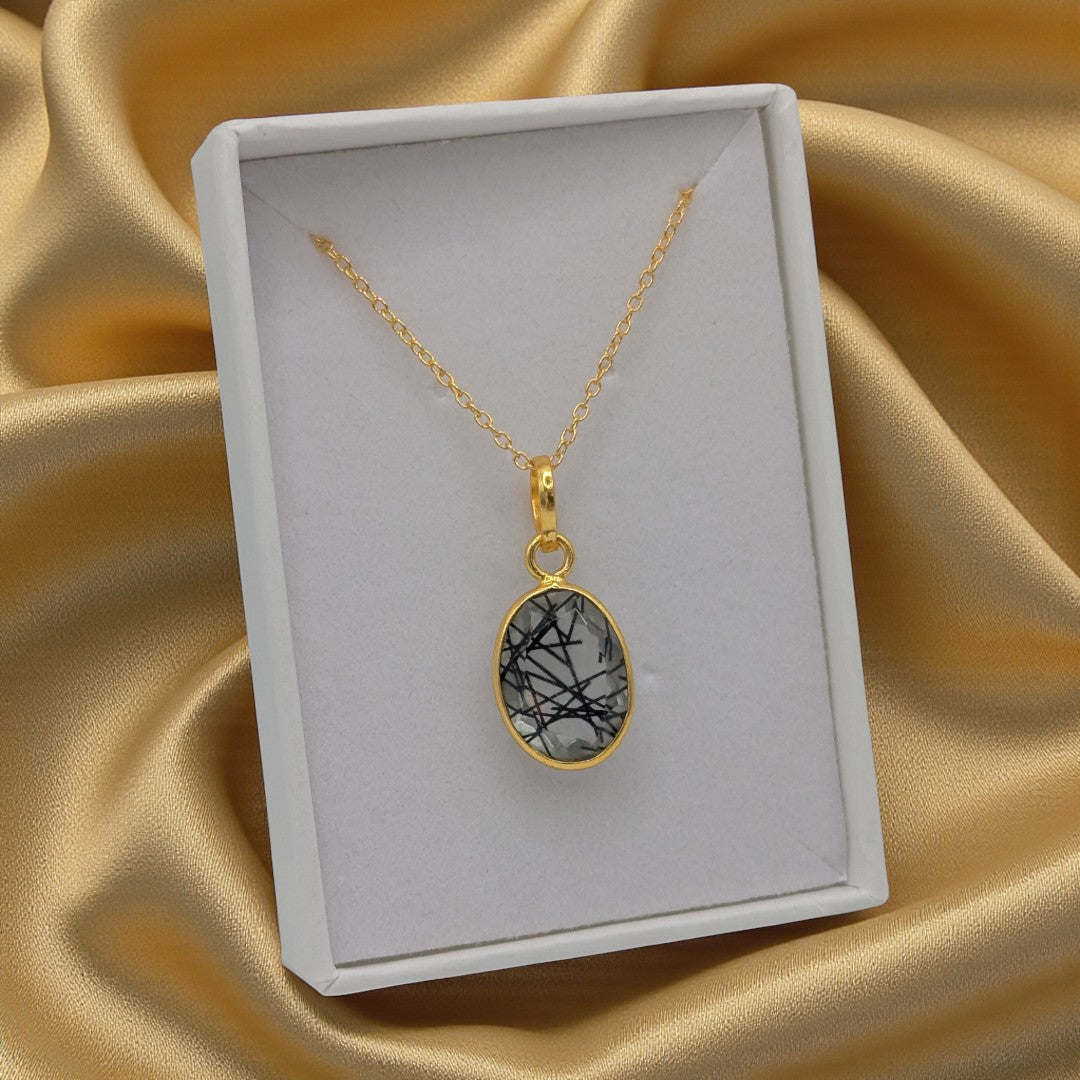 Emira Gold Plated Sterling Silver Black Rutilated Quartz Necklace With Oval Stone