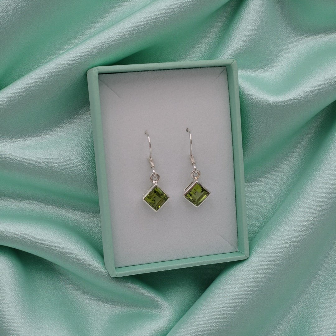 Sterling Silver Peridot Diamond Shape Drop Earrings 1.1"