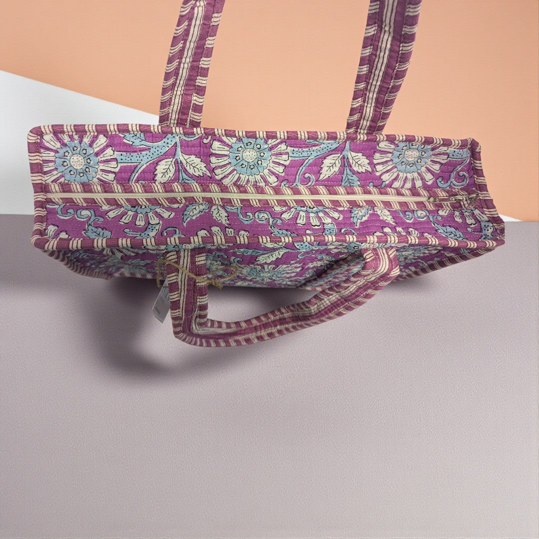 Purple Floral Hand Block Printed Cotton Tote Bag