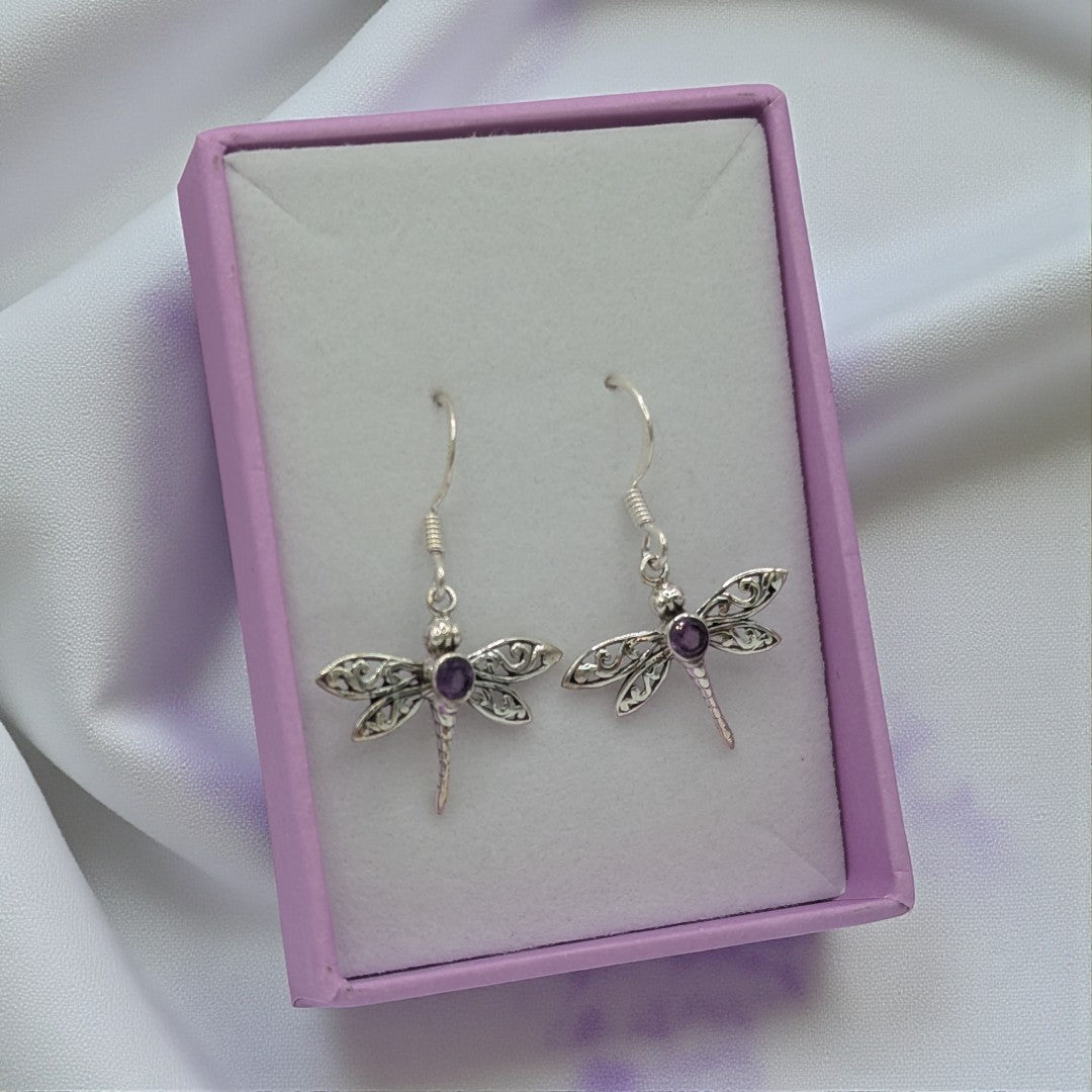 Sterling Silver Dragonfly Amethyst Drop Earrings 1.5"