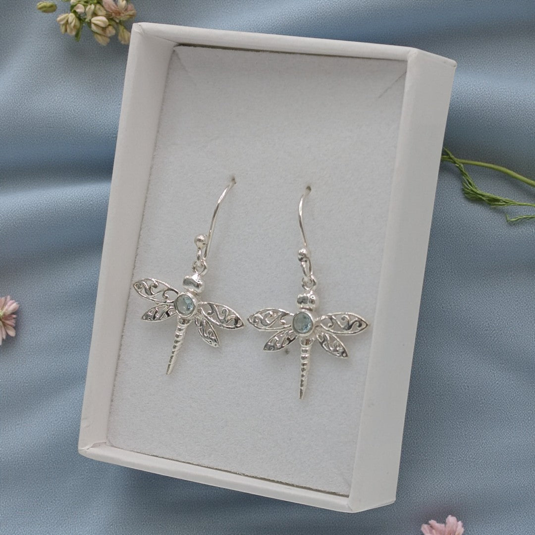 Sterling Silver Emira Dragonfly Blue Topaz Drop Earrings 1.5"