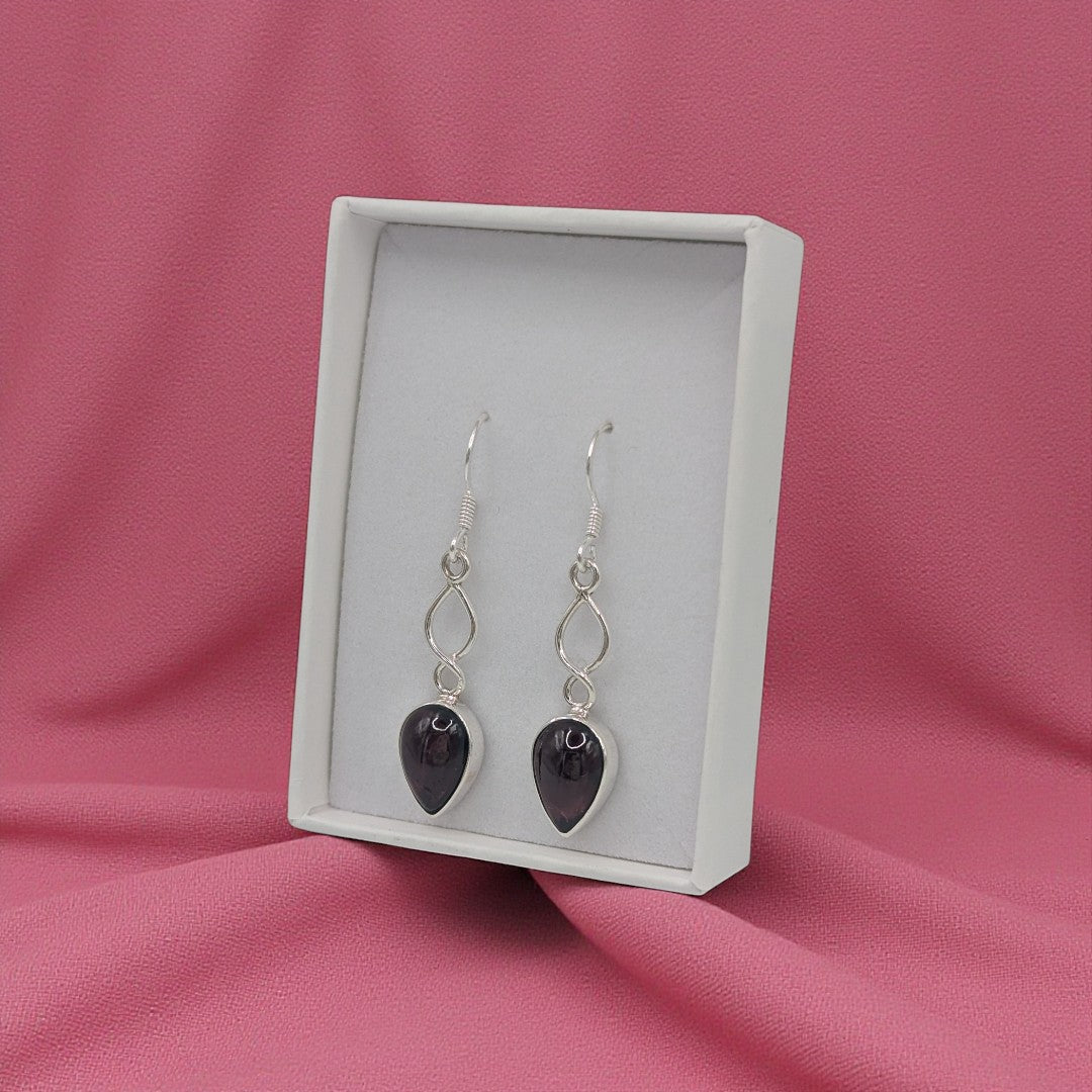 Sterling Silver Garnet Love Spoon Design Drop Earrings 1.6"