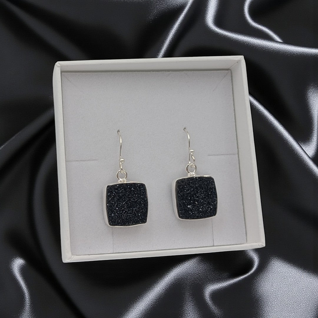 Sterling Silver Black Druzy Square Stone Drop Earrings 1.2"