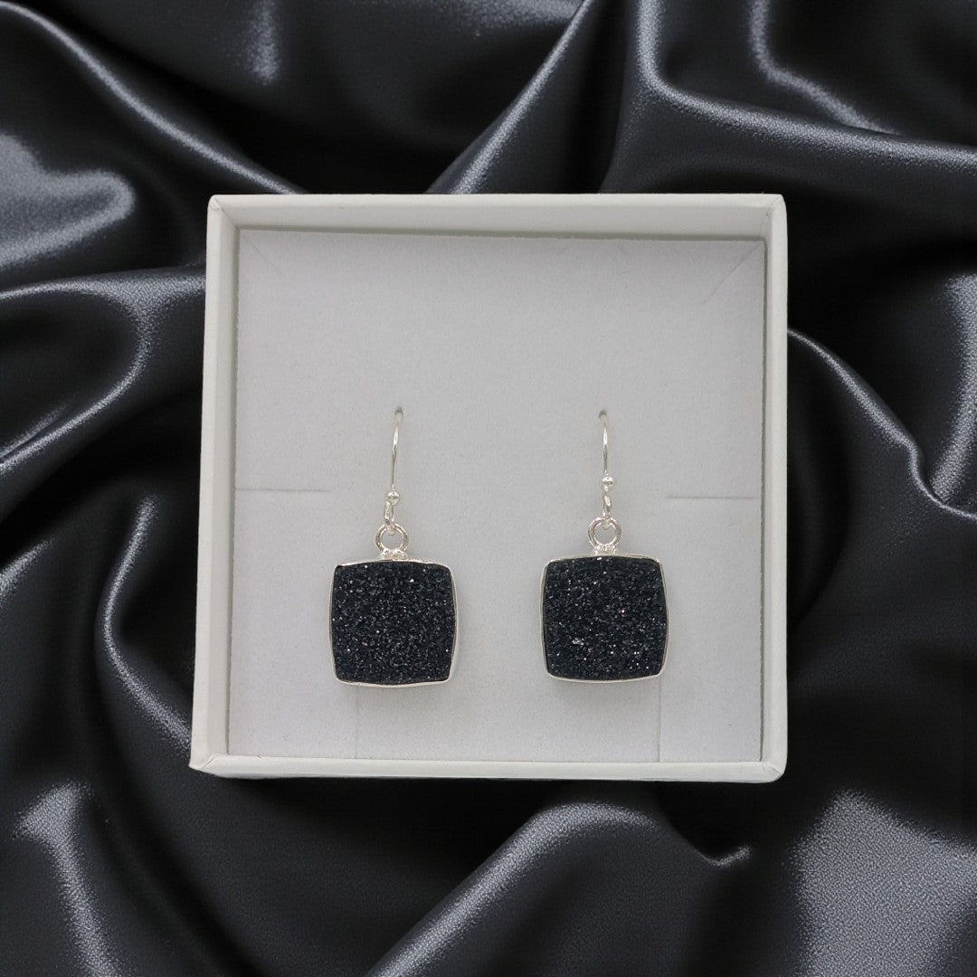 Sterling Silver Black Druzy Square Stone Drop Earrings 1.2"