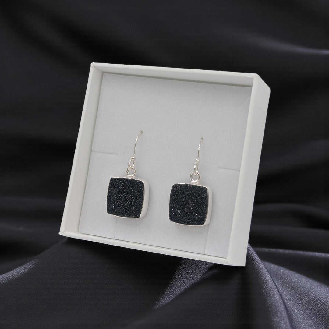 Sterling Silver Black Druzy Square Stone Drop Earrings 1.2"