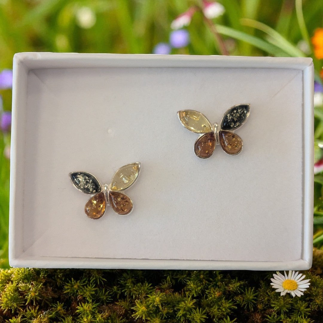 Sterling Silver Multi Amber Butterfly Stud Earrings
