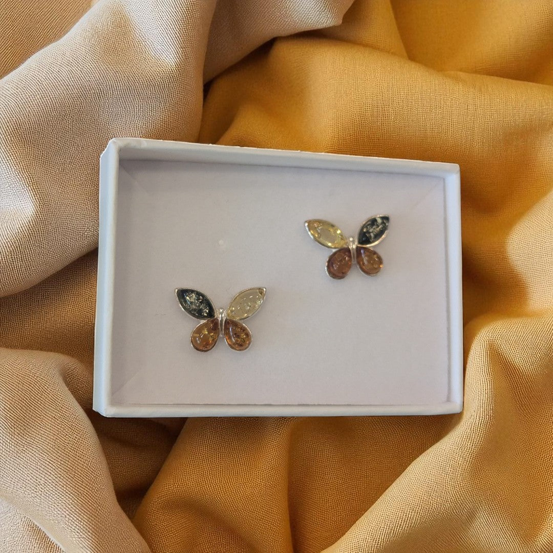 Sterling Silver Multi Amber Butterfly Stud Earrings