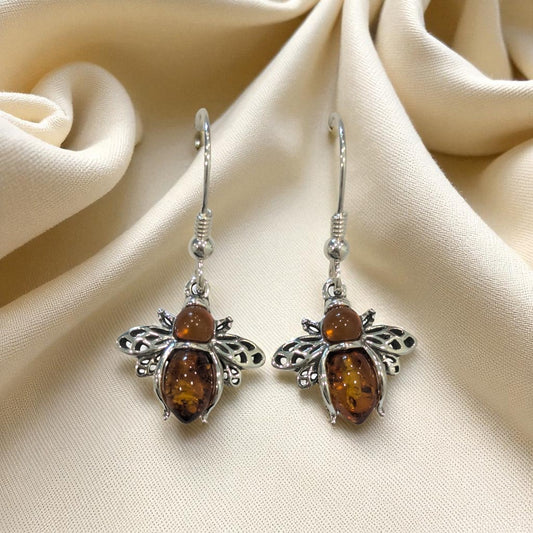 Sterling Silver Amber Bee Drop Earrings