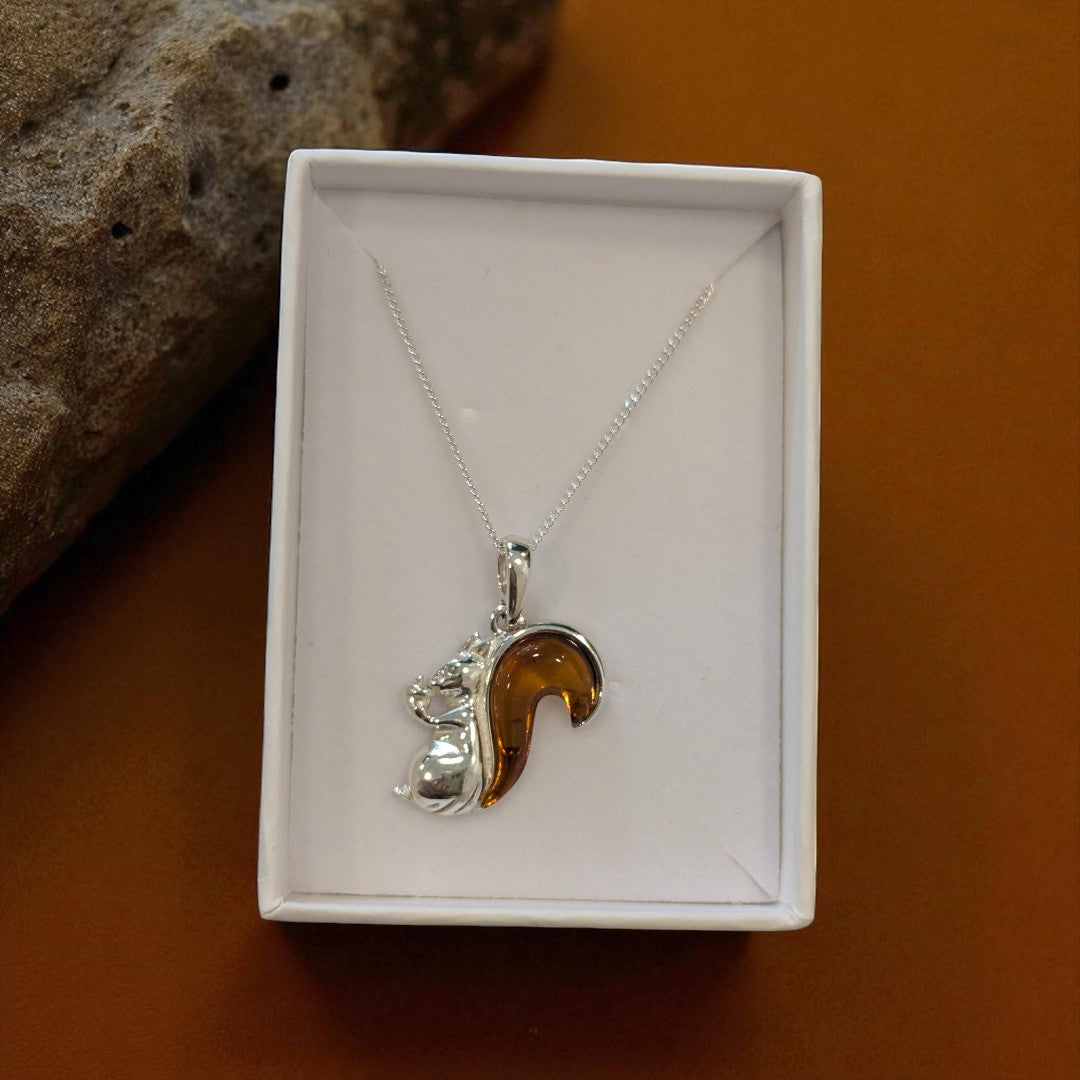 Sterling Silver Baltic Amber Squirrel Necklace
