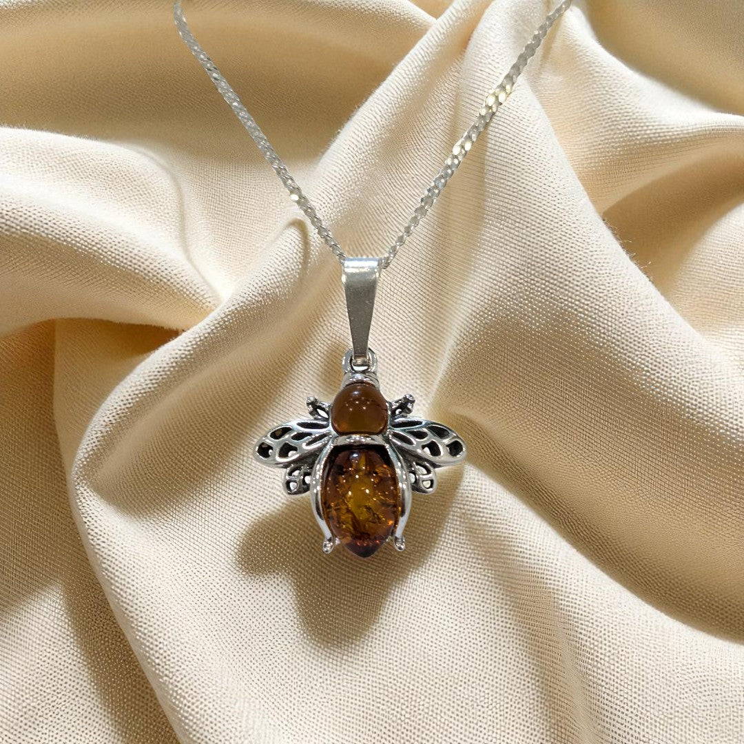Sterling Silver Baltic Amber Bee Necklace