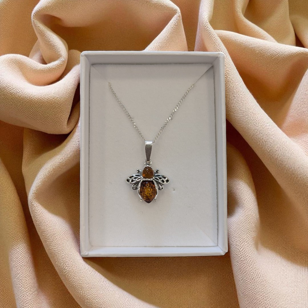 Sterling Silver Baltic Amber Bee Necklace