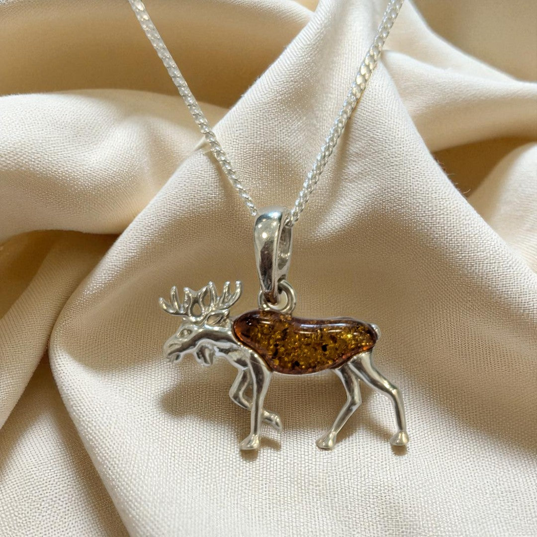 Sterling Silver Baltic Amber Reindeer Necklace