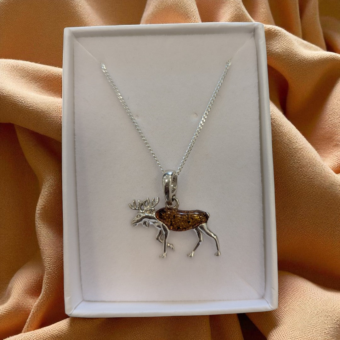 Sterling Silver Baltic Amber Reindeer Necklace
