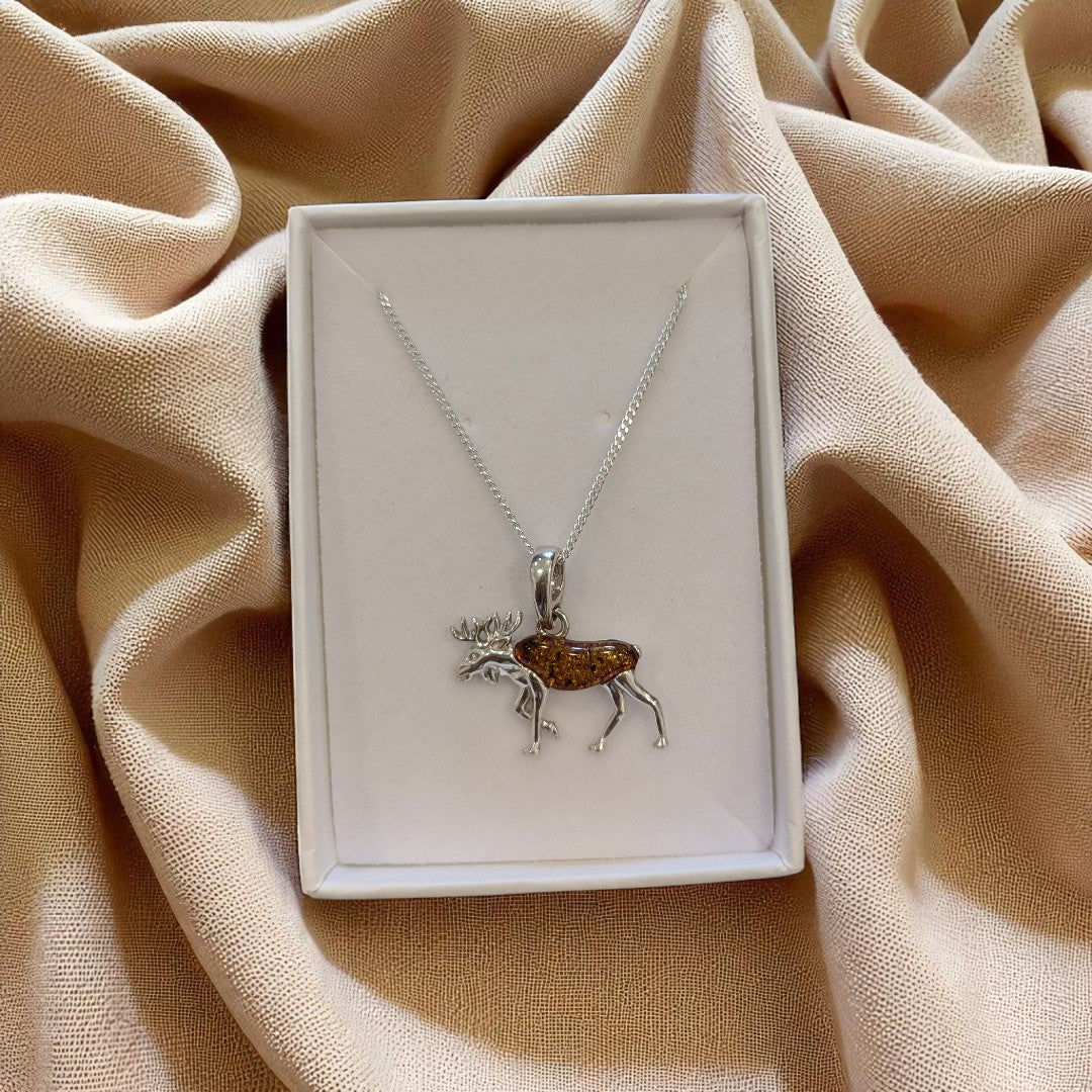 Sterling Silver Baltic Amber Reindeer Necklace