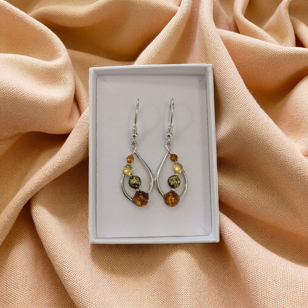 Sterling Silver Tri Coloured Amber Four Stone Drop Earrings
