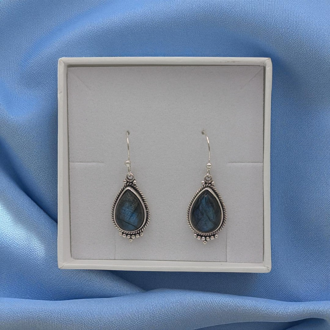 Sterling Silver Ornate Labradorite Drop Earrings 1.25"