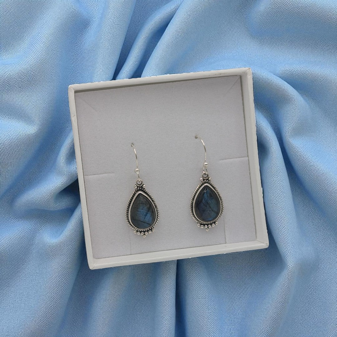 Sterling Silver Ornate Labradorite Drop Earrings 1.25"