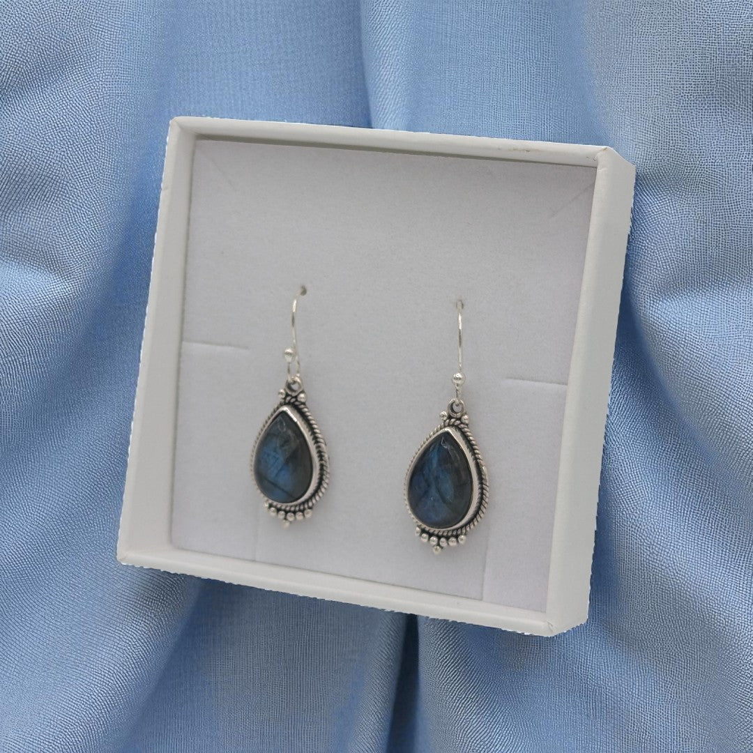 Sterling Silver Ornate Labradorite Drop Earrings 1.25"