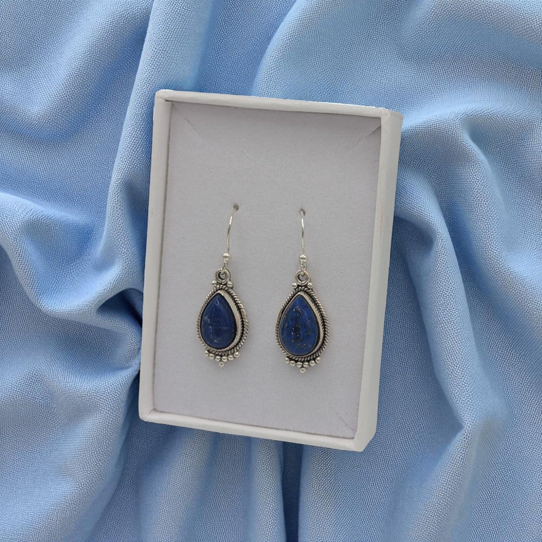 Sterling Silver Ornate Lapis Lazuli Drop Earrings 1.25"