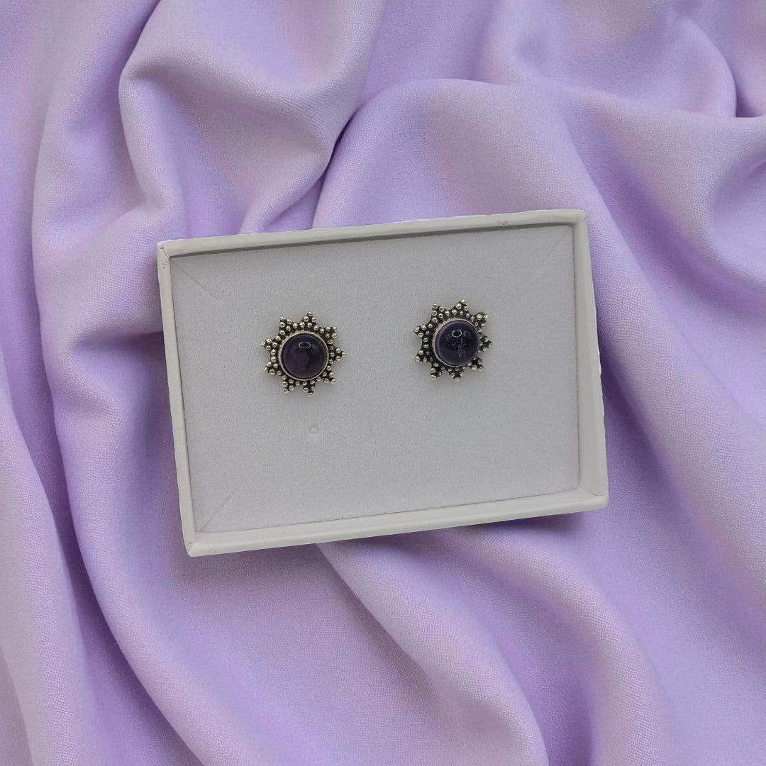 Sterling Silver Amethyst Sunburst Stud Earrings 0.5"