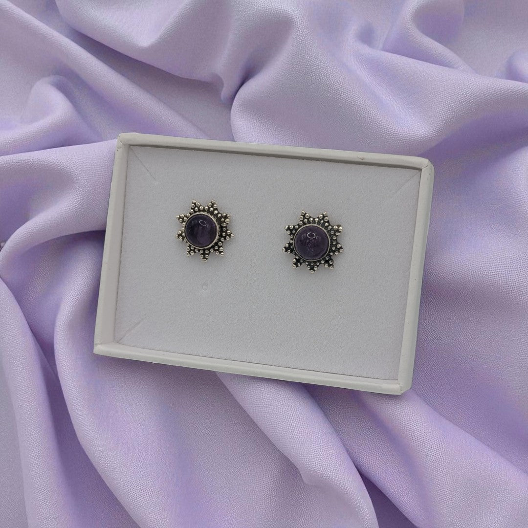 Sterling Silver Amethyst Sunburst Stud Earrings 0.5"