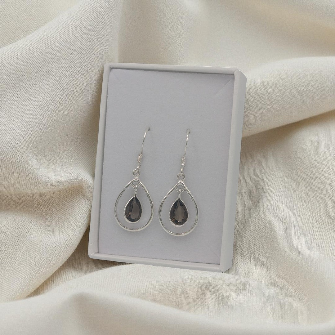 Sterling Silver Smoky Quartz Open Teardrop Shape Earrings 1.4"