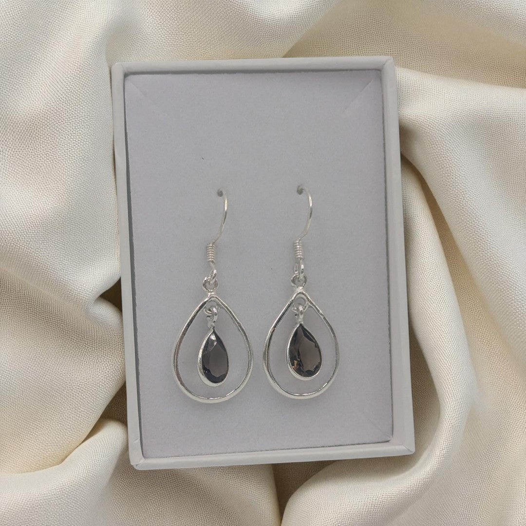 Sterling Silver Smoky Quartz Open Teardrop Shape Earrings 1.4"