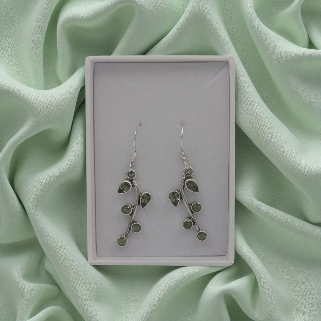 Sterling Silver Peridot Multi Stone Leaf Style Drop Earrings 1.5"