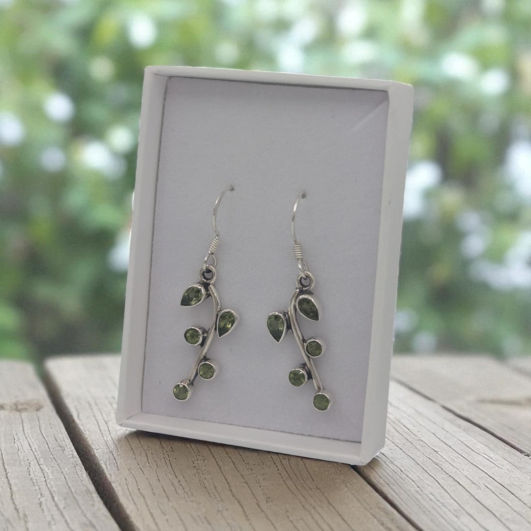 Sterling Silver Peridot Multi Stone Leaf Style Drop Earrings 1.5"