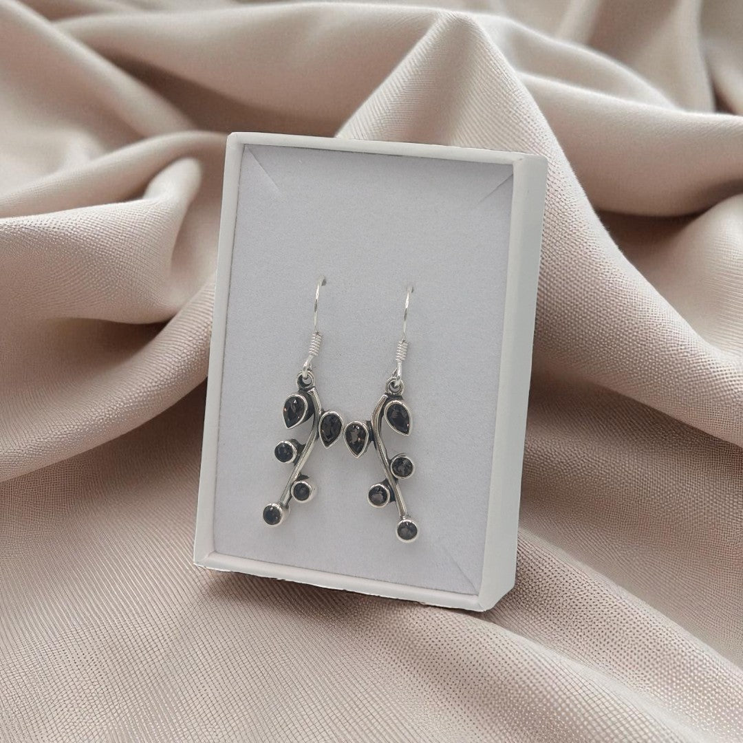 Sterling Silver Smoky Quartz Multi Stone Leaf Style Drop Earrings 1.5"